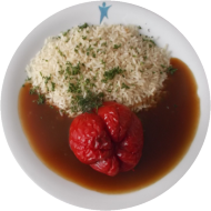 Rote Paprikaschote mit Gemüsefüllung (21,22,81) mit 'Sauce a la Mancha' (Paprika-Knoblauch) (18) dazu Kräuterreis