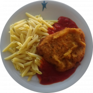 Schweineschnitzel 'Toscana' in würziger Kräuterpanade (15,81) dazu Rahmmakkaroni mit frischen Tomaten (19,81) und Salatgarnitur