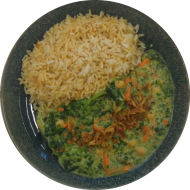 Kichererbsencurry mit Möhren,Spinat und Röstzwiebeln (18,81) dazu gebratener Chilireis 