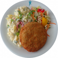 Gebratenes Hacksteak (15,22,81) dazu Kartoffelsalat nach 'Hausfrauen Art' (9,15,19,81) + 1 Donut (19,81)