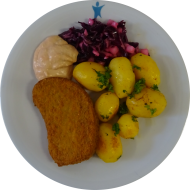 Sellerieschnitzel (21,81) mit Cocktailsauce (9,18,22) dazu würzige Schwenkkartoffeln und Blattsalatgarnitur