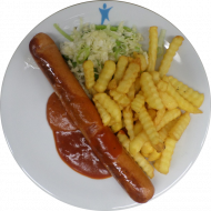 Currywurst mit Soße (2,3,9) dazu Pommes frites