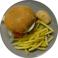 Sie können aus 6 verschiedenen Burgervariationen wählen. Heutige Tagesempfehlung: Burger 'Griechischer Art' mit Zaziki, Hirtenkäse und Rucola (19,49,81) dazu als Menüoption Pommes und House-Dip (9,22)