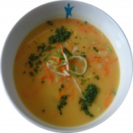 Süßkartoffel-Kokos-Suppe mit Mandelsplittern (3,21,71) dazu Weizenbrötchen (81)