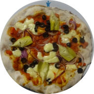 Sie können aus 5 Pizzavariationen wählen. Heutige Tagesempfehlung: Pizza 'Campania' mit Artischockenherzen, Oliven, roter Zwiebel und Mozzarella überbacken (6,19,81)