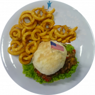 Burger 'Americans Best' mit Bacon, BBQ Sauce und Cheddar (1,2,3,11,19,21,22,24,48,81,83) dazu Twister Pommes (81)