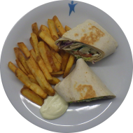  Wrap' 'Caprese' mit Tomate, Mozzarella, Rucola und Basilikum gefüllt (19,81) dazu Süßkartoffel Pommes und ein süßer Nachtisch 'Donut deiner Wahl' (19,81)