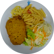 Schweineschnitzel (15,81) dazu Rahmmakkaroni mit frischen Tomaten (19,81) mit Salatgarnitur 