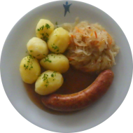  Roster mit Senf (3,22) und Bratenjus (81) dazu Sauerkraut mit Speck und Petersilienkartoffeln 