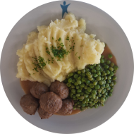 6 schwedische Köttbullar an Bratenrahmsoße (19,81) dazu Erbsengemüse und hausgemachtes Kartoffelpüree (19)