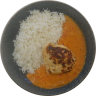 Indisches Butter Chicken mit Knoblauch, Joghurt, Honig, Zimt und Garam Masala (19,48) dazu Jasminreis