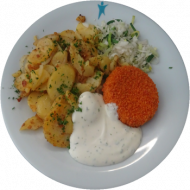 1 Backcamembert (19,81) mit Kräuterremoulade (9,15,19,81) dazu Bratkartoffeln