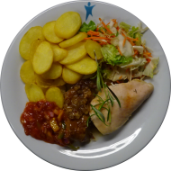 Grillabend: Mariniertes Schichtfleisch mit karamelisierten Zwiebelringen (21) oder Hähnchenbrustfilet in Honig-Thymian-Marinade (48) an Kräuter-Tomaten-Dip (9) dazu Kartoffel-Chips und Salatgarnitur