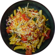 Kanadische Poutine- Pommes Frites mit Cheddar, Mozzarella (1,19) auch Vegan möglich