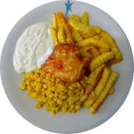 Süß scharfe Ofen-Hähnchenbrust (18,81) mit Chili-Mais (19), Joghurt-Kräuter-Dip (19) und Pommes frites