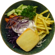Dönerteller mit Grillkäse, Zwiebel, Tomate, Kraut, Gurke und Pommes (19,49) 