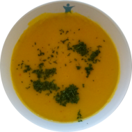 Kürbiscremesuppe mit Madras Curry(19,81) dazu Pita (81,83)