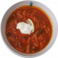 Ukrainische Soljanka mit saurer Sahne und Zitrone (1,2,3,8,9,19,22,46,49,81) dazu ein Brötchen (81,83)