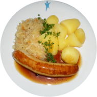 Gebratene Roster mit Senf und Bratensoße (3,22,81) dazu Sauerkraut mit Speck und Petersilienkartoffeln 