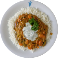 'Navrathan Khani' - indisches Gemüsecurry mit Blumenkohl, Möhren und Brokkoli (2,3,18,81) dazu Basmatireis. Auch als kleine Portion erhältlich.