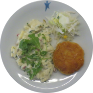 Bayrisches 'Fleischpflanzerl' (1,4,15,22,81) dazu hausgemachter Kartoffelsalat nach 'Wirtshaus Art' (9,22) und Salatgarnitur