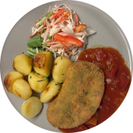Schnitzelabend: Sellerieschnitzel (21,81) an Bratenjus dazu Rosmarinkartoffeln und Salatgarnitur