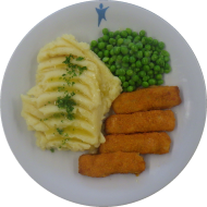 Gebackene Fischstäbchen (16,81) mit zerlassener brauner Butter (19) dazu Erbsengemüse und hausgemachter Kartoffelstampf (19)