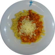 Spirelli (81) mit deftigem Wurstgulasch (2,3,8,22,81) oder mit Gemüsebolognese (21) dazu geriebener Gouda (19) oder Reiberei (1). Auch als kleine Portion erhältlich.