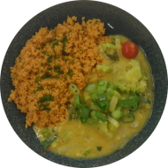 Romanesco-Kohlrabi-Ragout in Curry-Kokos-Soße mit Cashewkernen und Lauch (2,74) dazu Couscous mit Gemüsestreifen (21,81)