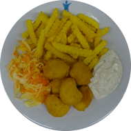 Chicken Nuggets (81,83) und Majonnaise-Kräuter-Dip (15,19,81) dazu Pommes frites und Garnitur