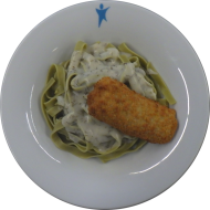 Wildlachs-Knusperfilet 'Honig-Senf' (1,15,19,81) mit Weißwein-Dill-Soße (19,24,81) auf grünen Tagliatelle (81)