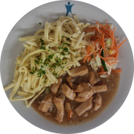 Hähnchengeschnetzeltes 'Züricher Art' mit Weißwein, Champignons und Sahne (3,19,21,24) dazu Eierspätzle (15,81) und Salatgarnitur