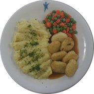 7 knusprige Nuggets (81) mit Bratensoße (81) dazu Mischgemüse und hausgemachtes Kartoffelpüree (18,84)