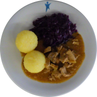  'Sächsisches Kümmelfleisch' vom Schwein mit Senf, Knoblauch und saurer Sahne (19,22,49,81) dazu Rotkraut mit Speck und 2 grüne Klöße (2,3,24)