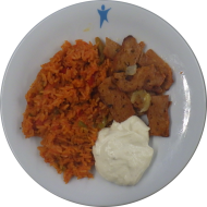 Sonnenblumenchunk-Gyros (49,81) mit Zaziki-Dip (3,18,49) dazu Djuvecreis