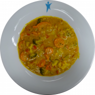 'Navrathan Khani' - indisches Gemüsecurry mit Blumenkohl, Möhren und Brokkoli (2,3,18,81) dazu Fladenbrot (23,81). Auch als kleine Portion erhältlich.