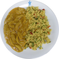Sojageschnetzeltes mit roten Zwiebeln und Pfirsich (18,49) dazu Basmati Reis (81).Auch als kleine Portion erhältlich.