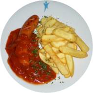 Grillwurst (1,2,3,8,46) mit Paprikasoße (81) dazu Pommes frites