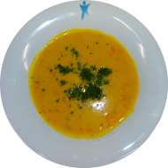 Kürbis-Karotten-Eintopf (3,18,21,23,81,82,83) dazu ein Schusterjungebrötchen (81,82)