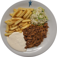 Schweinegeschnetzeltes nach 'Gyros Art' (49,81) mit Aioli-Dip (15,19,49,81) dazu Pommes frites und kleiner Weißkrautsalat mit Lauchröllchen