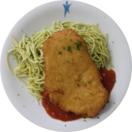 Hähnchenbrust 'Piccata' mit Parmesanpanade (19,81) dazu Spaghetti (81) mit Tomaten-Basilikum-Soße (81)