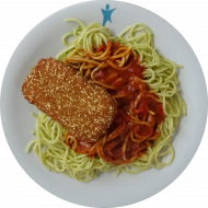 2 Rucola-Süßkartoffel-Schnitten (81,83) und würzige Paprikasoße (19) dazu Gabelspaghetti (81). Auch als kleine Portion erhältlich.