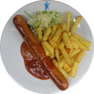 Currywurst mit Soße (2,3,9) dazu Pommes frites und Garnitur