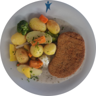 Gemüseschnitzel (81,85) mit Kräutersoße (18,81) dazu Schwenkkartoffel-Gemüse-Pfanne (63) 
