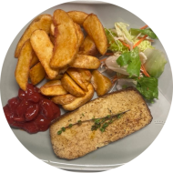Grillabend: Tofu mariniert mit Rosmarin, Thymian, Olivenoel und buntem Pfeffer (18,81) an Kräuter-Tomaten-Dip (9) dazu Kartoffel-Chips und Salatgarnitur
