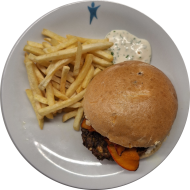 'Butternut Crush' Burger mit Pumpkin-Bun, mariniertem Kürbis, Radieschen und Petersilienmayonnaise (1,2,3,22,24,81) dazu frittierte Kartoffelstäbchen