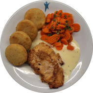 Hausgemachtes Zitronenbackhendl (15,19,54,81,83) mit Pfeffer-Hollandaise (8,15,19) dazu Möhrengemüse und gebackene Macairekartoffeln (81)