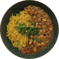 Indisches Dal - aromatisches Linsen-Kartoffel-Pfanne mit frischer Minze (2,3,18,81) dazu Bratreis