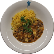 Kleine Portion: Indisches Dal - aromatische Linsen-Kartoffel-Pfanne mit frischer Minze (2,3,18,81) dazu Bratreis