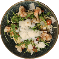 Pastaabend: Scharfe Knoblauchspaghetti mit Garnelen (14,49,81) dazu geriebener Hartkäse (19)
